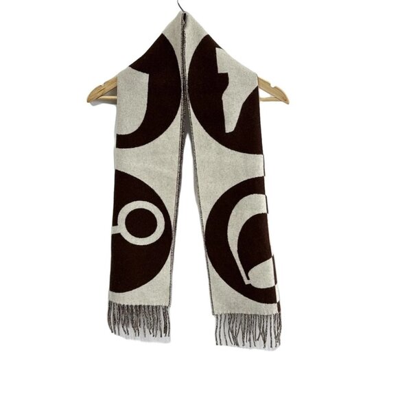 Auth HERMES - Cream Dark Brown Cashmere Scarf - Picture 1 of 5